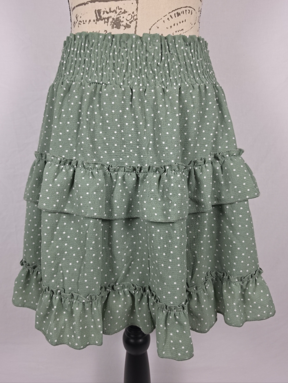 Altar'd State Sage Green Polka Dot Tiered Ruffle Mini Skirt - Size Large - Picture 3 of 6